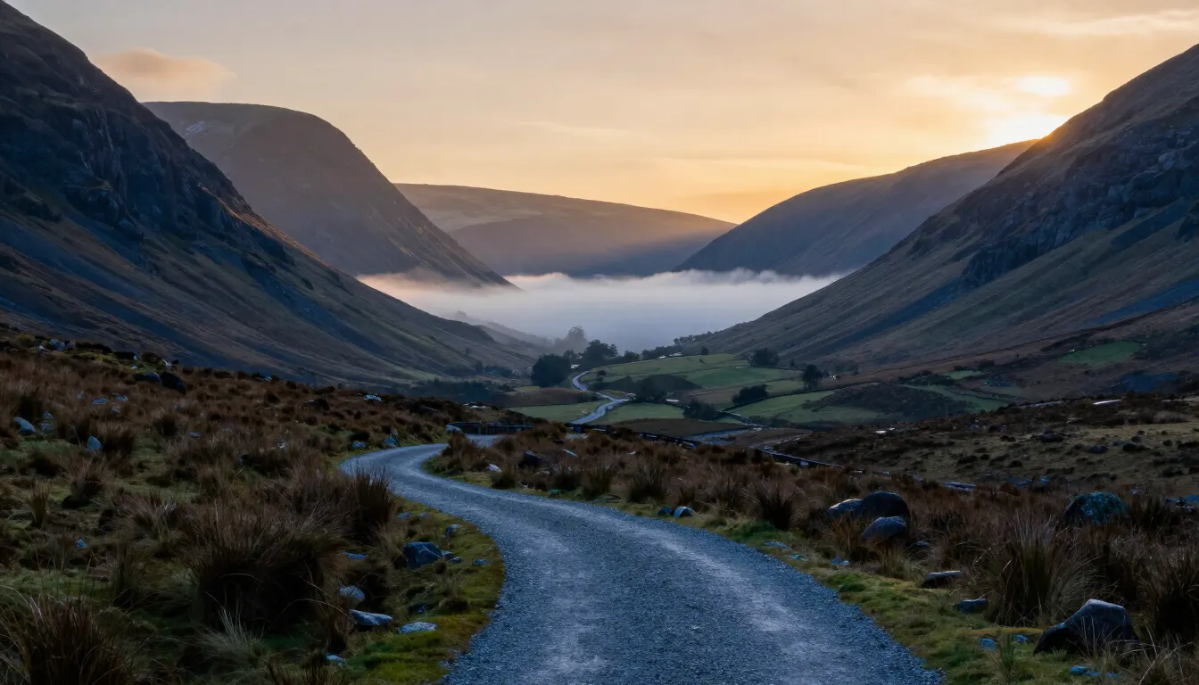 A winding path through misty mountains towards a sunrise