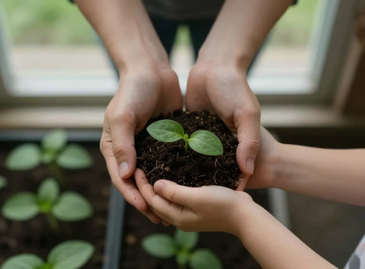 An adult and a child holding a seedling in soil